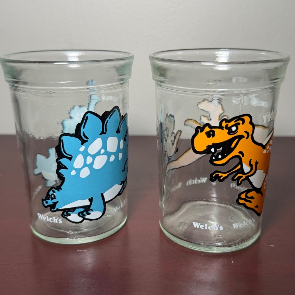 Vintage Welchs Dinosaur Jelly Jar Glasses Set of 2 T-Rex Stegosaurus Collectible